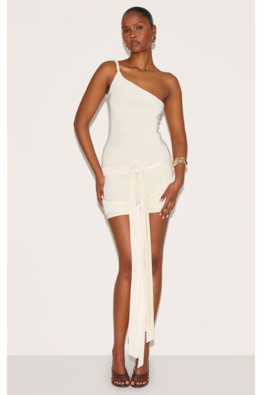 Almond Double Layer Slinky Twist Detail One Shoulder Long Top