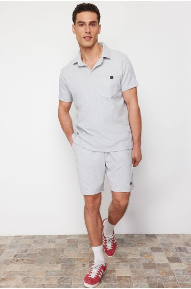 Gray Regular/Normal Cut Textured Fabric Labeled Polo Collar Tracksuit Set
