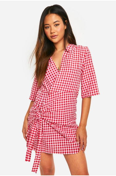 Textured Gingham Wrap Dress - red