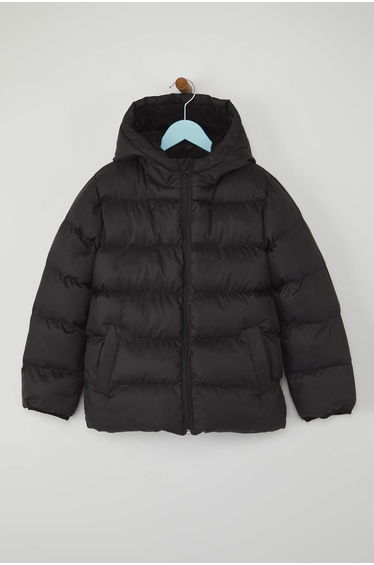Black Kids Plain Hooded Regular Long Sleeve Coat