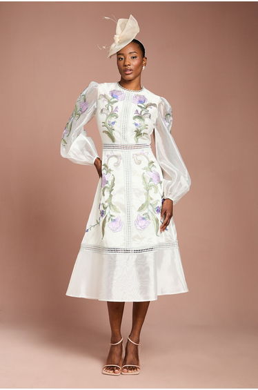 Blouson Sleeve Embroidered Midi Dress