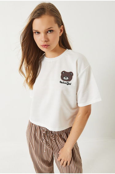 Women's Teddy Embroidered Combed Cotton Crop T-Shirt