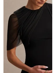 Amelise | Black High-Neck Maxi Dress With Mesh-Cape Sleeve And Sash Detail - 2