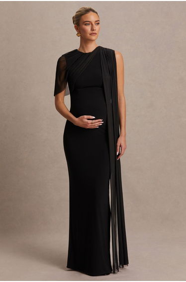 Amelise | Black High-Neck Maxi Dress With Mesh-Cape Sleeve And Sash Detail