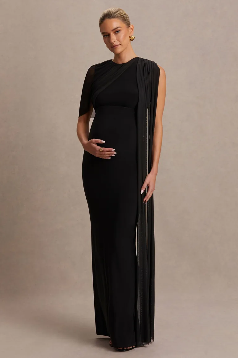 Amelise | Black High-Neck Maxi Dress With Mesh-Cape Sleeve And Sash Detail - 3