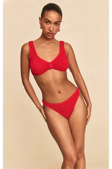 Red Crinkle High Waist Tanga Bikini Bottoms