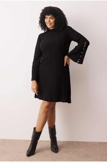 Black Ribbed Accessory Detailed Knit Dress
