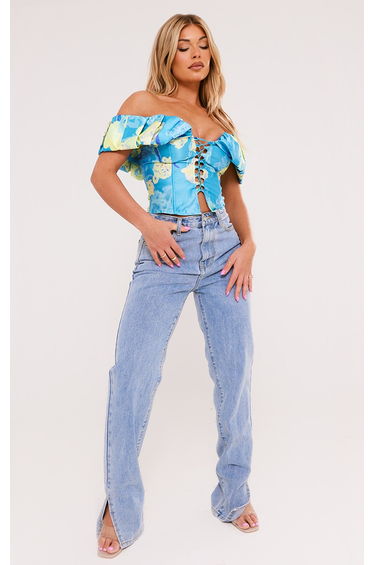 Blue Floral Structured Satin Extreme Ruched Lace Up Boned Corset Top