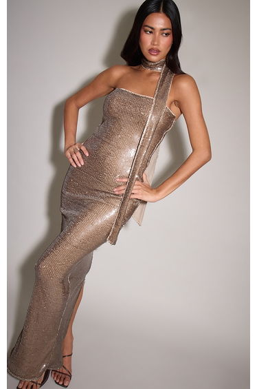 Taupe Sequin Scarf Detail Bandeau Maxi Dress