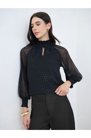 Black Lurex Semi Sheer Sleeve Blouse