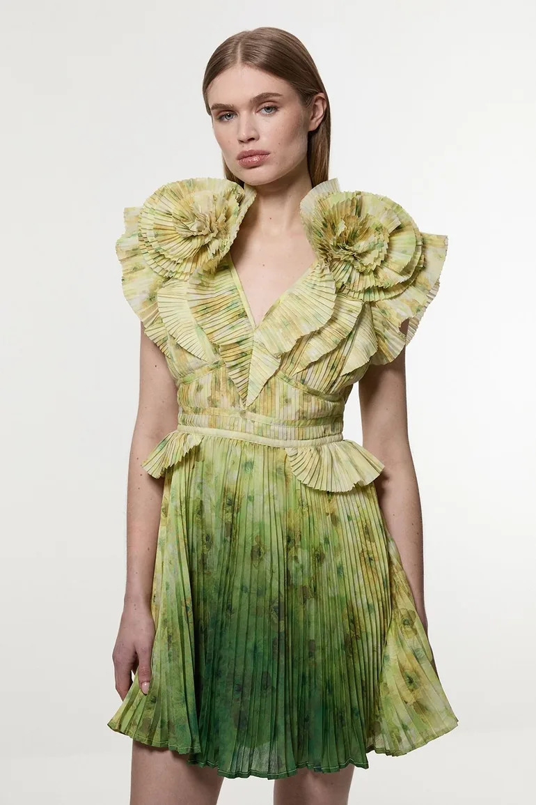 Tall Crinkle Pleat Border Print Mini Dress With Rosette Detail