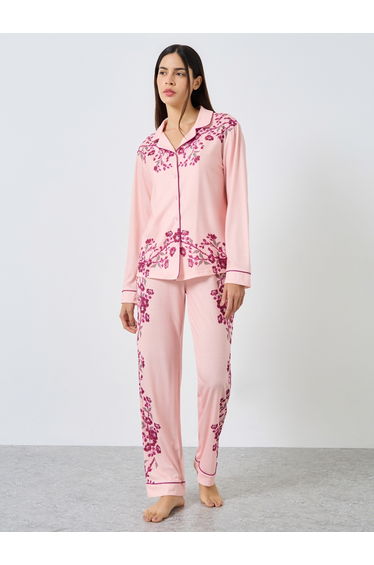 Placement Floral Buttoned Shirt and Pyjama Set