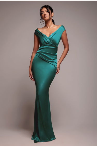 Goddiva Satin Off The Shoulder Maxi Dress - Emerald Green