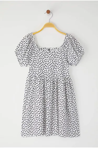 فستان بناتي بأكمام قصيرة بطبعة منقطة - أسود