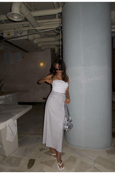 Light-Grey-Pinstripe Pencil Maxi Skirts
