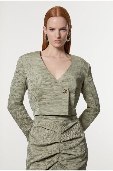 Crinkle Satin Button Front Cropped Tailored Jacket