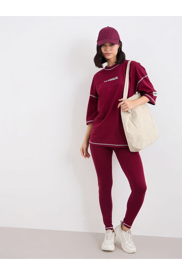 Women Burgundy Overlock Seam Oversized T-Shirt and Leggings Co-Ords