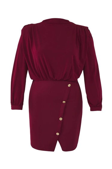 Burgundy Body-Styling Padded Button Detailed Mini Plus Size Dress