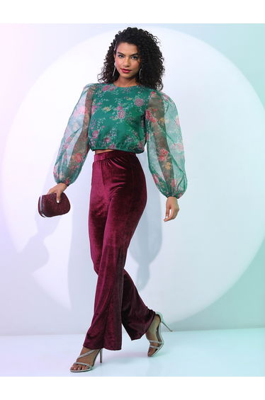 Floral Print Mesh Insert Balloon Sleeve Crop Top