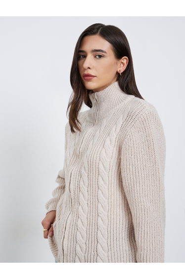 Beige Chunky Cable Knit Zip-Up Sweater
