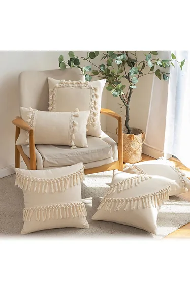 Creamy Tassel Sackcloth Cushion Cover