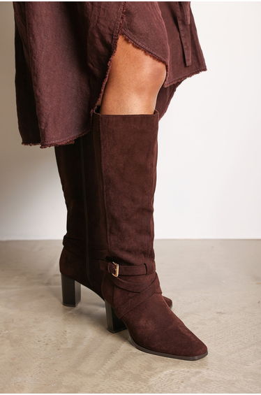 Yvette Knee High Boots With Wrap Buckle Strap in Dark Brown Faux Suede