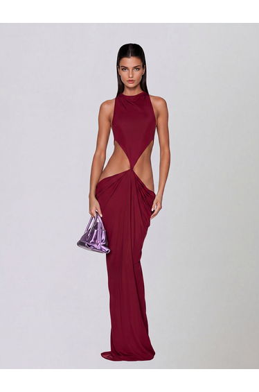 Norvalen Backless Cutout Draped Maxi Dress In Wine