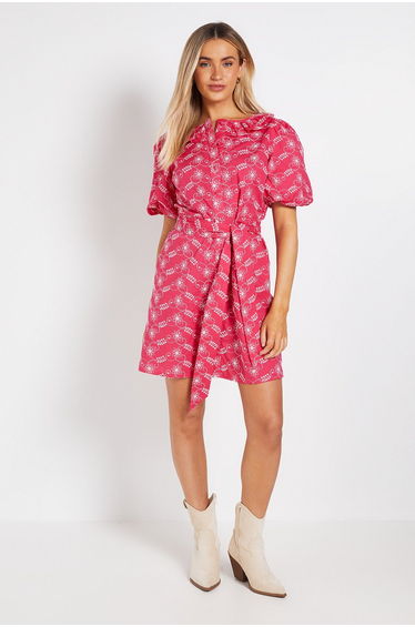 Belted Puff Sleeve Embroidered Shirt Dress