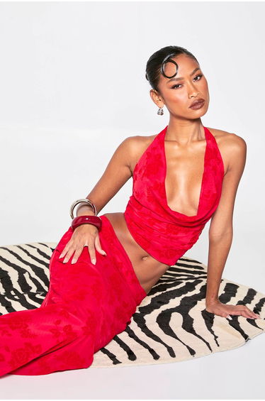 Floral Flocked Mesh Cowl Neck Crop Top - red