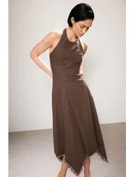 Brown Straight Midi Denim Dress - 3