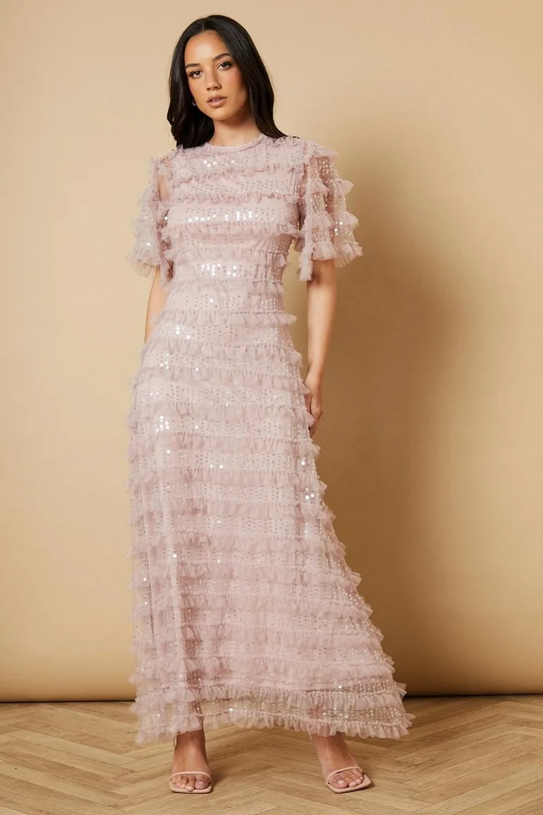 Sequin Ruffle Detail Maxi Dress