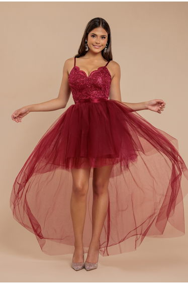 Goddiva High Low Tulle Midi With Lace Bodice - Wine
