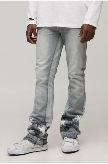 Slim Flared Stacked Star Applique Gusset Jeans - light grey