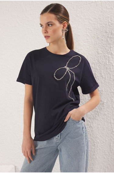 Navy Blue Bow Stone Detail Regular Pattern Knitted Blouse