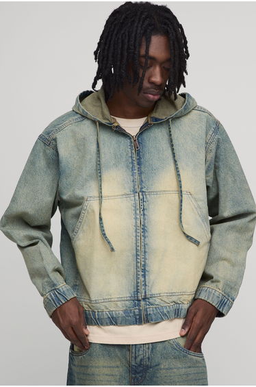 Washed Zip Through Co-Ord Denim Hoodie - stonewash