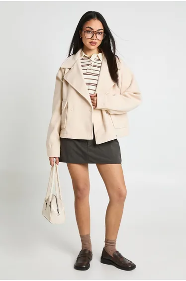 Wool Look Double Breasted Jacket - stone