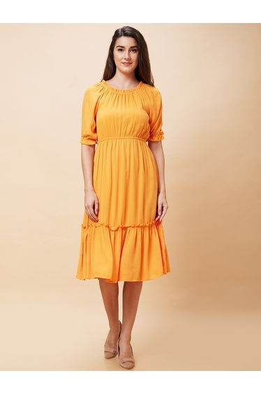 Solid Round Neck Ruffled Hem Midi Dress