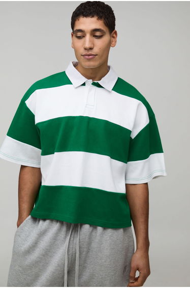 Oversized Shrunken Stripe Interlock Short Sleeve Rugby Polo - green