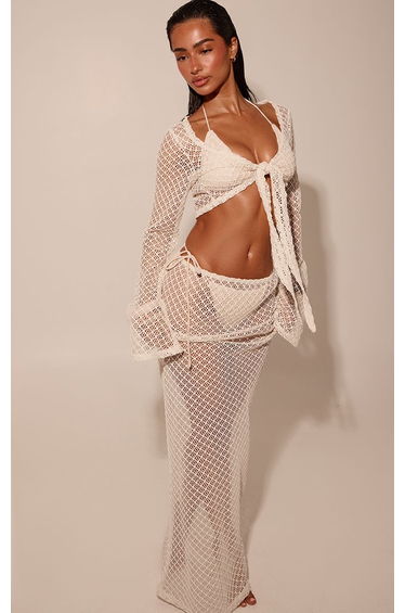 Cream Textured Jersey Long Sleeve Beach Top