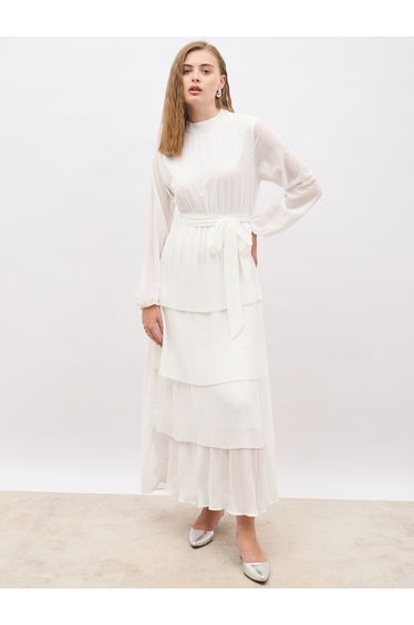Plain Pleated Detail Long Sleeves Tiered Maxi Dress