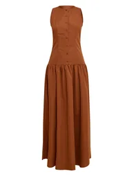 Chocolate Button Down Drop Waist Maxi Dress - 4