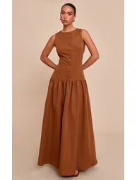 Chocolate Button Down Drop Waist Maxi Dress