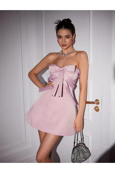 Elija Strapless Bow Satin Mini Dress