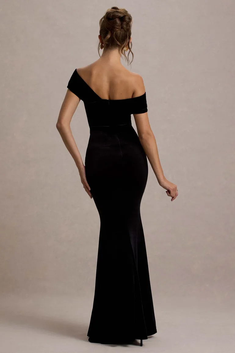 Shop Candela | Black Velvet Asymmetric Bardot Maxi Dress Online in United  Arab Emirates