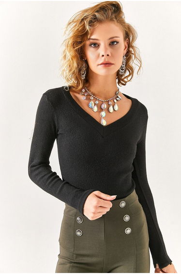Women's Black Thick Band V-Neck Raising Blouse