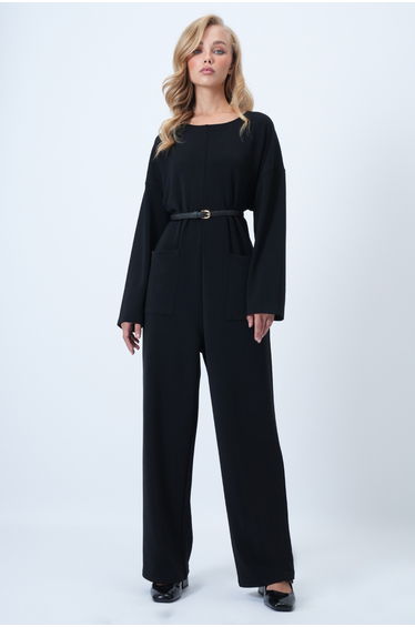 Women's Black Crew Neck Zippered Back Casual Cut Jumpsuit