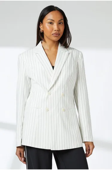 Double Breasted Linen Pinstripe Blazer