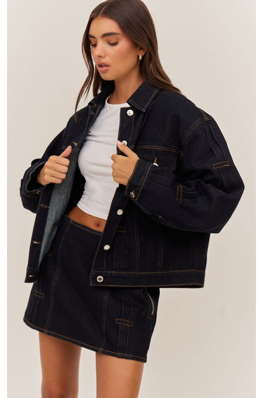 Raw Indigo Pleat Detail Boxy Denim Jacket