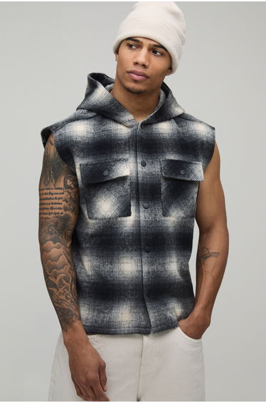 Oversized Brush Check Hooded Sleeveless Overshirt - black