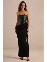 Helaina | Black Bandeau-Neck Maxi Dress With Gathered Detailing - 2